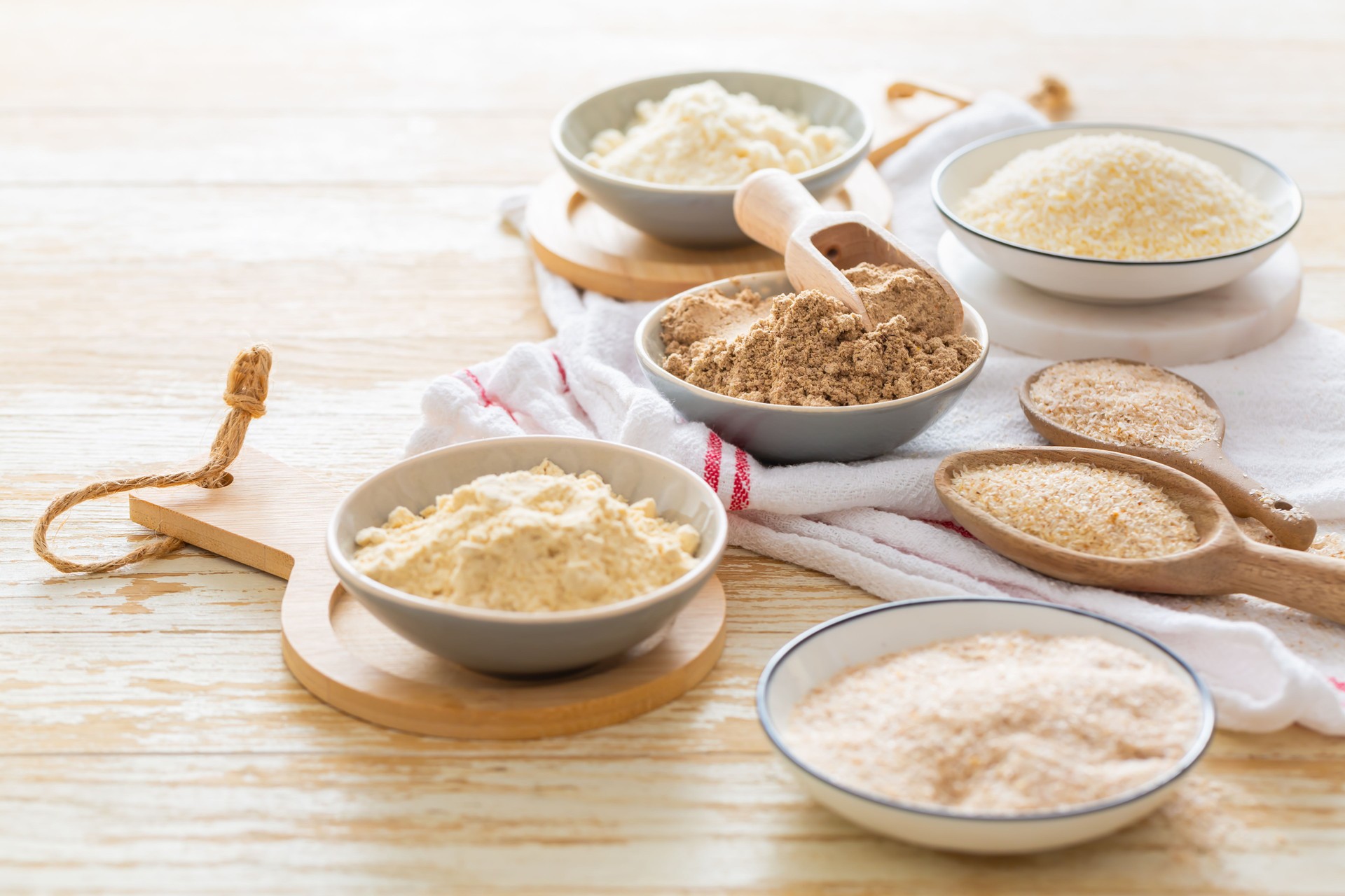Assortment of various gluten free flour,  without carbohydrate (almond and coconut flour, psyllium husk powder, rough-ground flaxseed flour)